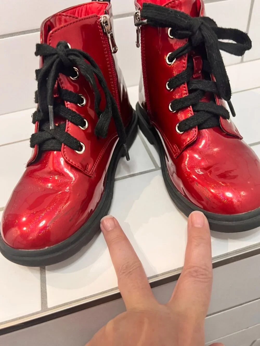 Kids Red Shiny Patent Lace-Up Ankle Boots Pandaninjia Side Zip Shoes Size 2